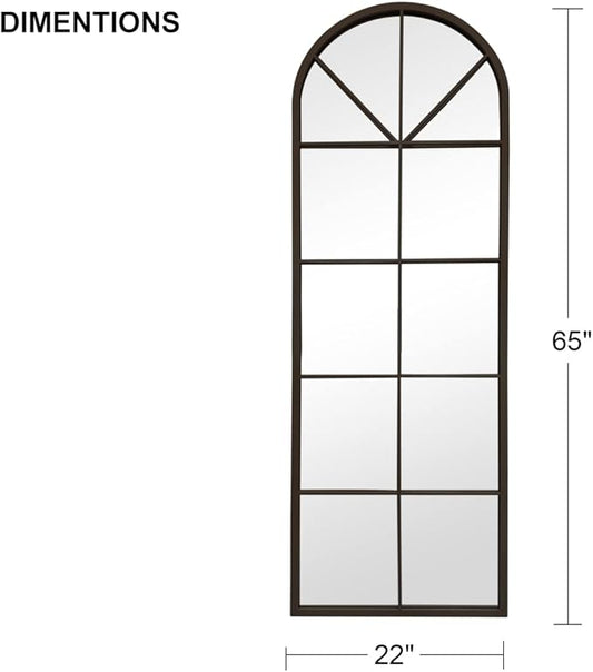 65×22" Arched Window Finished Full Length Mirror, Wall Mirror with Metal Frame, Home Decor Windowpane Mirror, Wall Mounted or Leaning, No Stand - Black