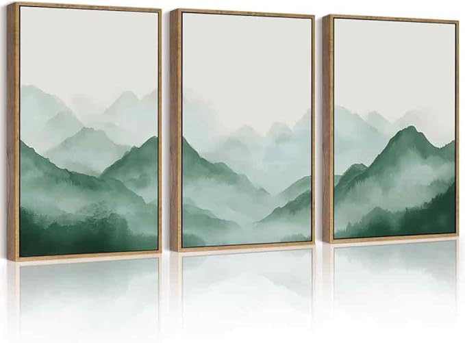 PHOPAGO Green Watercolor Fog Mountains Framed Wall Art Large 16x24in Vintage Nature Landscape Artwork Paints Boho Rustic Scenic Room Decor for Bedroom Hallway - Natural Framed