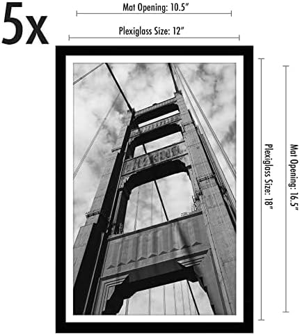 Americanflat 12x18 Poster Frame with Polished Plexiglass - Set of 5 - Use as 11x17 Frame with Mat - Galleria Collection - Picture Frames for Wall Display - Black