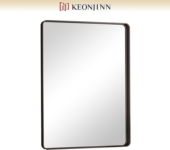 Keonjinn Black Bathroom Mirror for Over Sink, 24 x 32 Inch Matte Black Vanity Mirror, Rounded Corner Rectangle Farmhouse Mirror, HD Tempered Glass, Modern Decorative Mirror with Sandblasted Finish