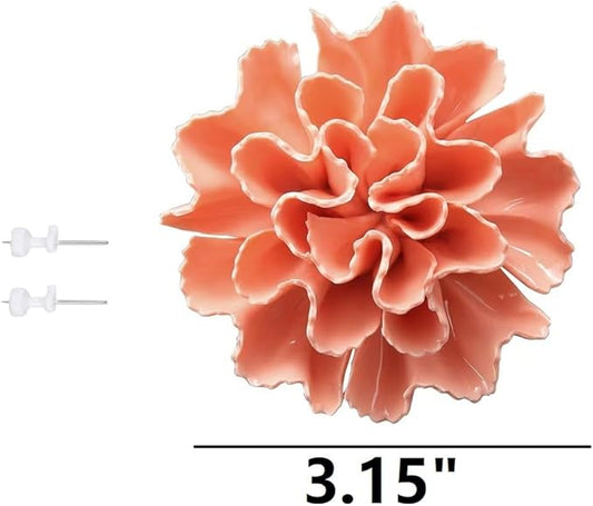Carnation 3.15" Ceramic 3D Wall Art, Handmade Porcelain Flower Decoration for Home Office Decor (Orange Pink)