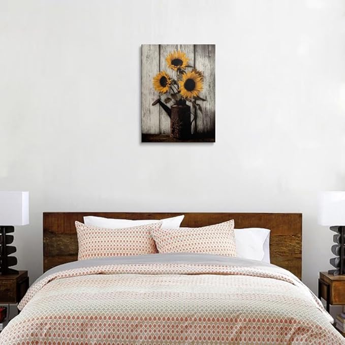 Farmhouse Sunflower Canvas Wall Art Framed Print Rustic Still Life with Vintage Watering Can on Whitewashed Wood Wall Decor Artwork for Kitchen Country Decor 16x24 Inches