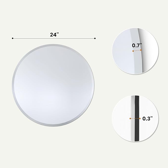 24 Inch Round Frameless Bathroom Mirror with Solid Backing, Beveled Edge Circle Vanity Mirror for Over Sink, Small Wall Mirror for Entryway Bedroom Decor