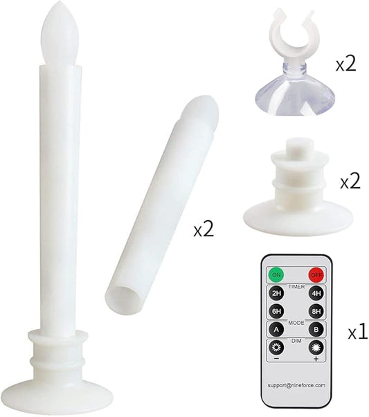 2 Pack Flameless Taper Candles with Remote/Timer & Suction Cup, Battery Operated Flickering LED Window Candles, Vintage Christmas Electric Fake Candlesticks, White Holder