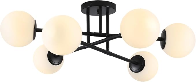6-Light Glass Sputnik Chandeliers Black Sputnik Ceiling Light Fixture with Milk White Glass Globe Flush Mount Ceiling Light Fixture for Dining Room Farmhouse Kitchen Living Room Bedroom