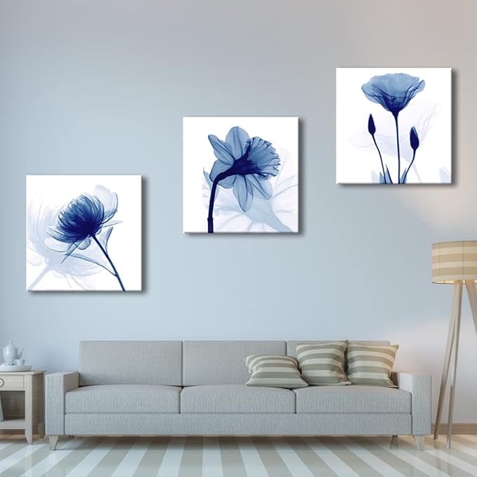 Wieco Art Blue Flowers 3 Panels Canvas Print Wall Art Modern Pictures Artwork for Living Room Bedroom and Home Decorations
