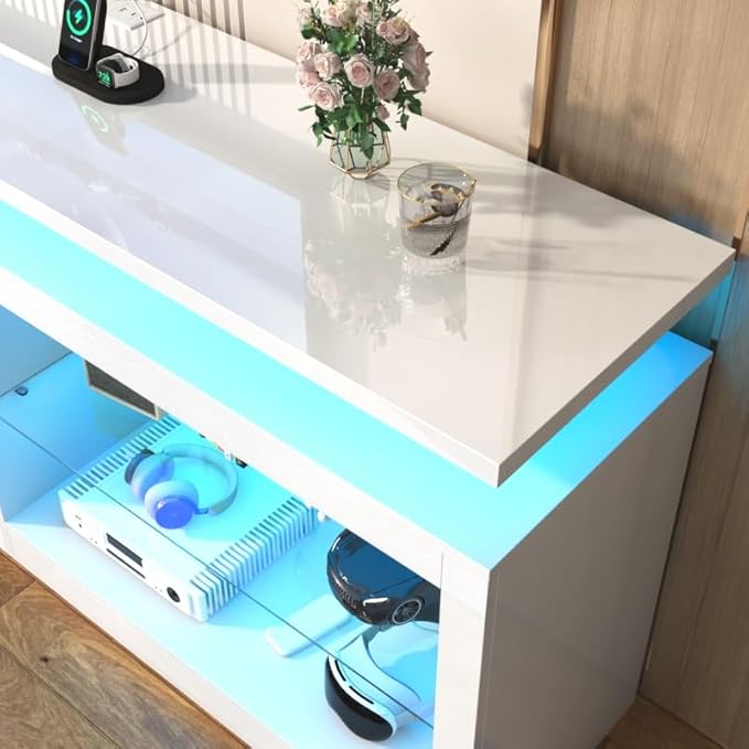80" LED TV Stand with Power Outlet,60-Colors LED Lights For 80 85 90in TV,High Gloss Gaming Entertainment Center w/Adjustable Shelves,White TV Console with Modern Design for Living Room Bedroom