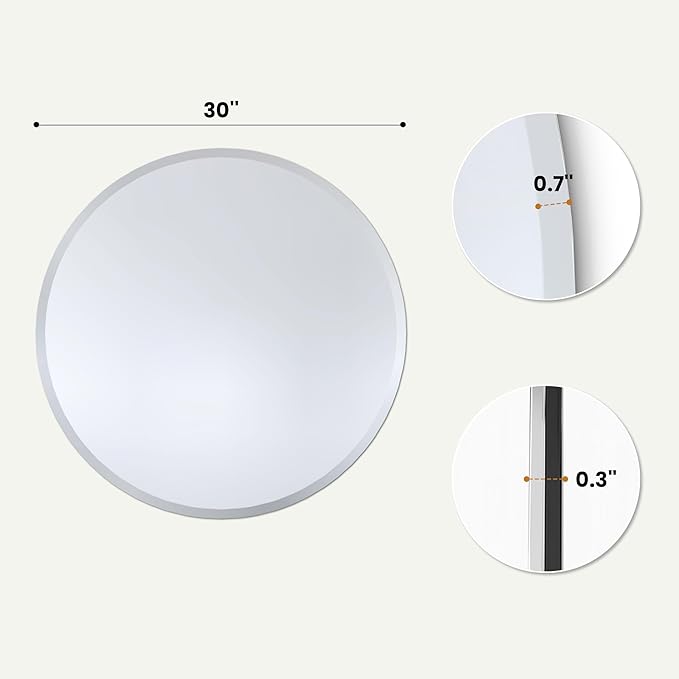 30 Inch Round Frameless Bathroom Mirror with Solid Backing, Beveled Edge Circle Vanity Mirror for Over Sink, Large Wall Mirror for Entryway Fireplace