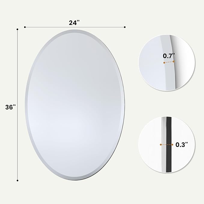 24x36 Inch Oval Frameless Bathroom Mirror with Solid Backing, Large Beveled Vanity Wall Mirror for Over Sink, Modern Mirror for Double Vanity, Entryway