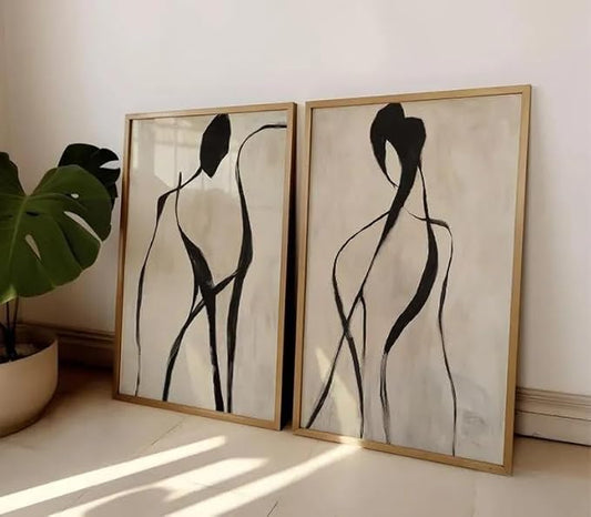 ZHBJSM Abstract Figure Wall Art Set of 2 Modern Minimalist Elegant Black People Line Subtle Texture Neutral Tone Home Living Room Bedroom Chic Modern Interior Decor 12x16 Inch Unframed