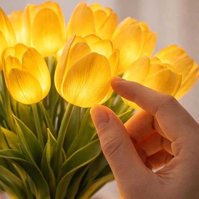 Radiant Romantic Tulip Light, 15-Piece Twinkling Tree Tulip LED Night Light, Flower-Shaped Ambient Night Lamp, Never-Fade Flower Ambient Lamp, PU Material, for Bedroom, Yellow (Excluding Vase)