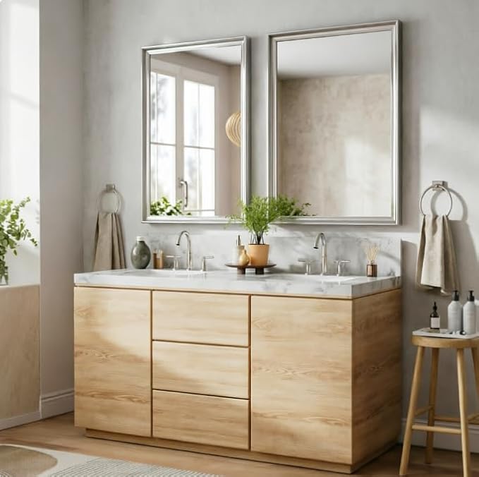 USHOWER Brushed Nickel Bathroom Mirrors for Over Sink 22x30 Inch, Metal Framed Rectangle Vanity Mirror for Wall, Bedroom, Living Room, Entryway, Anti-Rust, HD Tempered Glass, Horizontal/Vertical