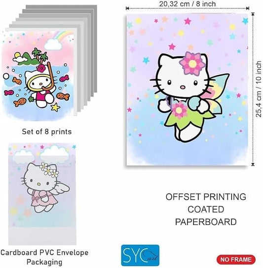 SYCART® Hello Kitty Wall Art Poster Prints, Posters for Girls Room, UNFRAMED Set of 8 ( 8x10 inches ), Kitty poster for girls bedroom, Kids Nursey Room decor, HelloKitty Decorations, Hello Kitty Watercolor poster