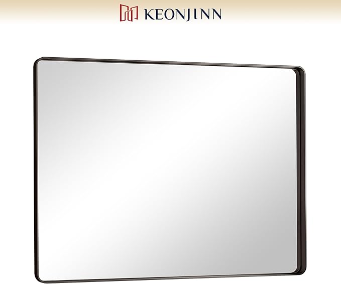Keonjinn Black Bathroom Mirror for Over Sink, 40 x 30 Inch Rounded Rectangle Vanity Mirror, Sandblasted Finish Matte Black Wall Mirrors, HD Tempered Glass, Anti-Rust Seamless Metal Frame for Restroom