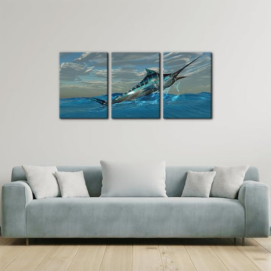 Pacimo Fish Canvas Art Wall Decor Blue Marlin Fish Bursts from Ocean Waters Pictures Prints on Canvas Tropical Animal Paintings 3 Panels Modern Artwork Home Decoration Framed Ready to Hang - 12"x16"x3