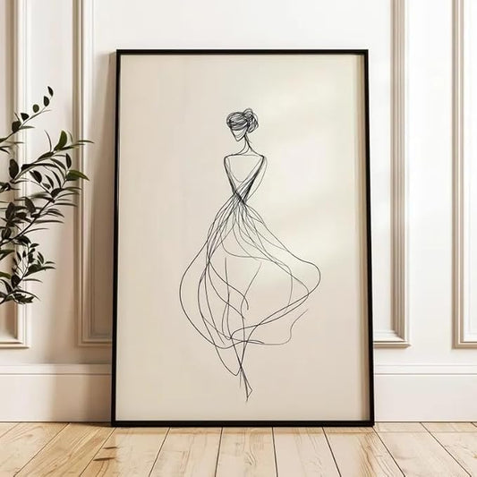 Elegant Woman Line Art Wall Art Modern Minimalist Back View Figure Sketch Neutral Tone Black Beige Home Living Room Bedroom Entryway Sophisticated Artistic Interior Decor Statement Piece 16x24 Inch Unframed