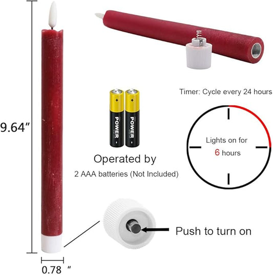 Red Flameless Taper Candles Battery Operated with 6H Timer, Real Wax 3D Wick Flickering LED Taper Candles Dinner Wedding Holiday Decor(6 Pack, 0.78 x 9.64 Inches)