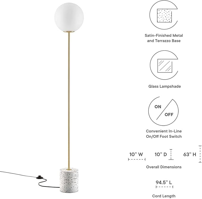 Modway Logic 1-Light Modern Glass/Terrazzo Floor Lamp in White/Brass