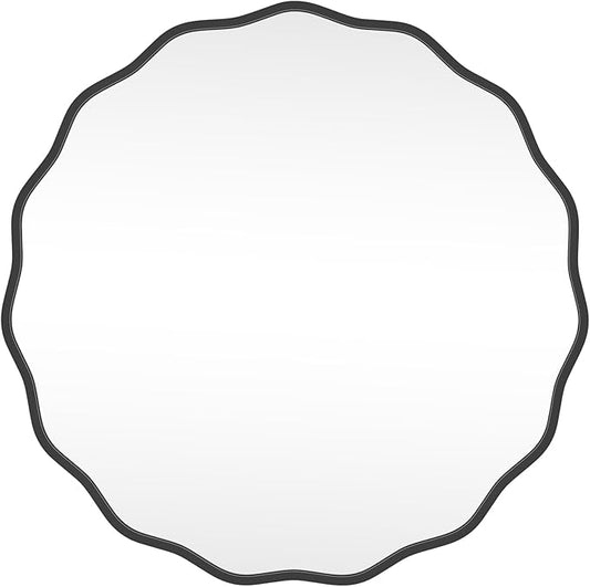 HOMECOOKIN 32" Wavy Round Wall Mirror, Black Scalloped Circle Mirror Edge Round with Metal Frame, Modern Decorative Hanging/Leaning Mirrors for Bathroom, Hotels, Hallway, Entryway, Vanity, Office