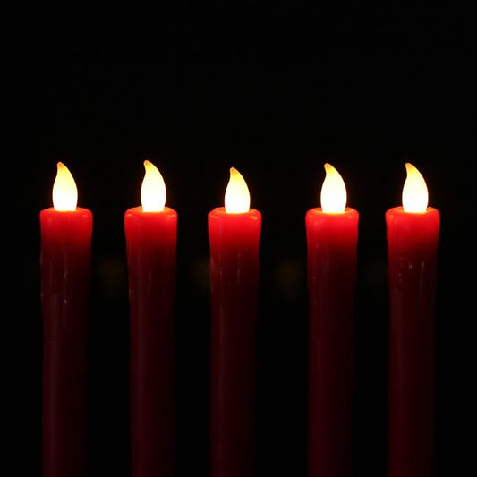 Rhytsing Red 10" Flameless Taper Candles with Timer, Battery Operated Candles, Push-Activated, Wax Drip, Warm White Light, Remote & 10 Batteries Included - Set of 5