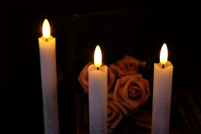 Silver Flameless Taper Candles Battery Operated with Remote Timer, Real Wax 3D Wick Flickering LED Taper Candles Dinner Wedding Holiday Decor(6 Pack, 0.78 x 9.64 Inches)