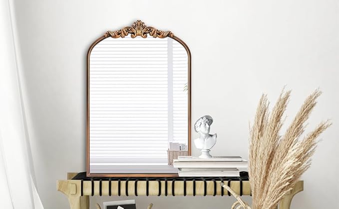 OUSHUAI Gold Antique Mirror,24"X36" Arched Bathroom Mirror,Victorian Antique Bronze Mirrors with Full Matel Frame,Wall Arch Mirror for Entryway/Bathroom/Fireplace