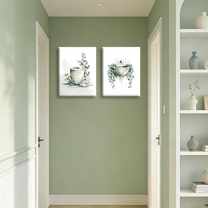 Frimeeme 3 Piece Sage Green Botanical Bathroom Decor, Framed Canvas Wall Art Set, bathroom wall art with leaves, 12x16 Inches Ready to Hang Prints