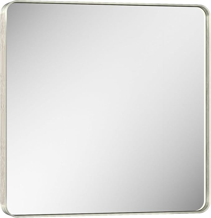 Keonjinn 30 x 30 Inch Brushed Nickel Bathroom Mirrors for Over Sink, Rounded Rectangle Silver Bathroom Vanity Mirror, Square Farmhouse Mirror for Wall, HD Tempered Glass, Aluminum Alloy Frame
