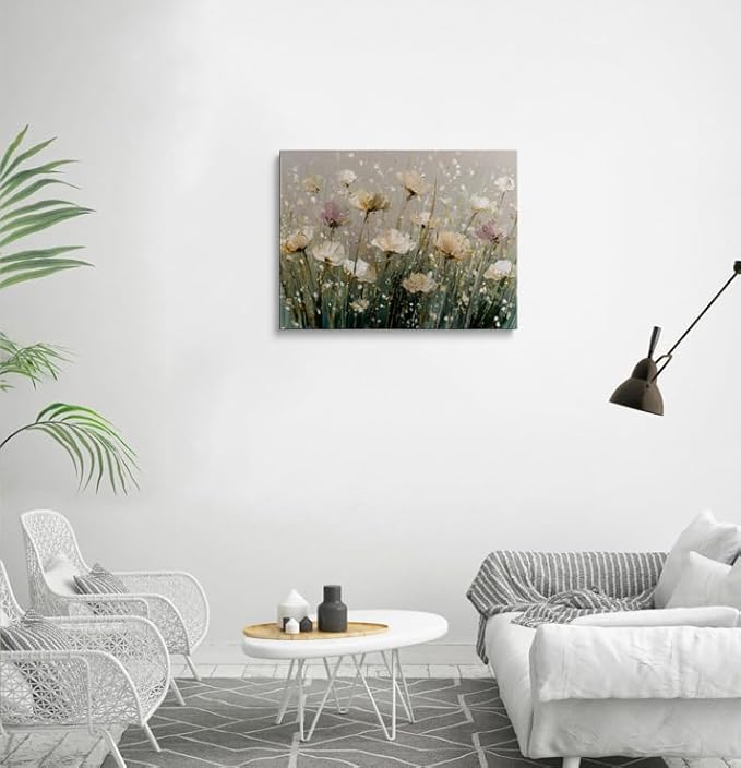 Serene White Lavender Floral Canvas Wall Art Framed Oil Painting Impressionist Botanical Print Thick Textured Artwork Pastel Wall Decor Poster for Calming Bedroom Living Room Home Decor 16x24 Inches