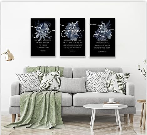 Faith, Hope & Love Bible Verse Inspirational Wall Art, Christian Canvas Wall Art, A Great Christian Religious Decor Gift for Living Room Christian Bedroom,(38 x 58cm x 3pcs) Framed (black)
