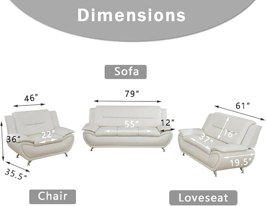 Creamy White Leather Couches for Living Room, Living Room Furniture Sets, Sofa and Loveseat Set, Sofa Couch Set for Bedroom, Office (b-Creamy White, Sofa+Loveseat+Chair)