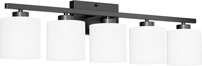 Honesorn 5-Light Vanity Lights, Matte Black with Frosted Shade & Anti-Rust Nickel Finish, Modern Bathroom Over Mirror Light Fixtures