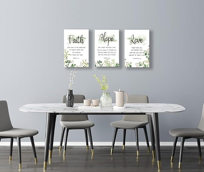 Faith, Hope & Love Bible Verse Inspirational Wall Art, Christian Canvas, A Great Religious Decor Gift for Living Room & Bedroom, (38 x 58cm x 3pcs) Framed (Green)