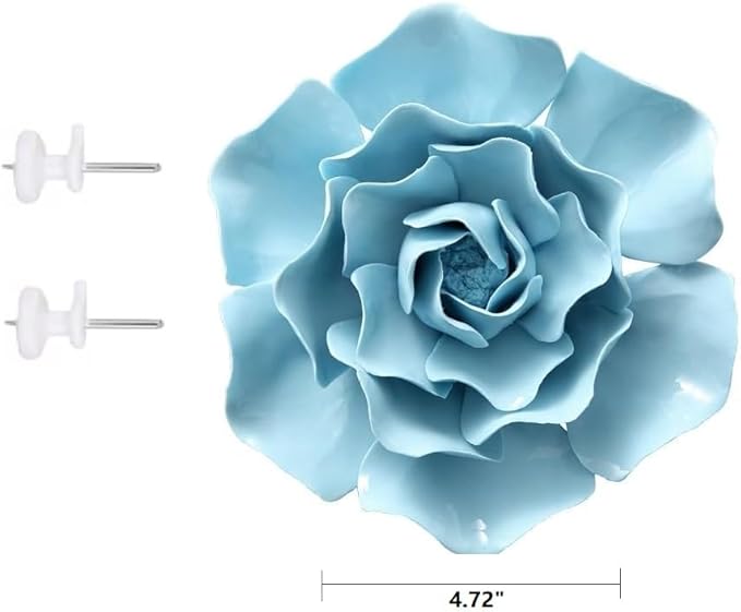 AMERRY 3D Flower Wall Art, Handmade Porcelain Decor for Home Office (Blue, Peony, 4.72")