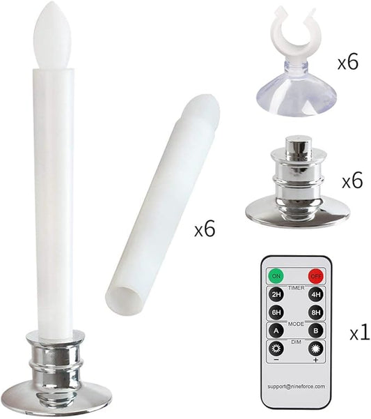 6 Pack Flameless Taper Candles with Remote/Timer & Suction Cup, Battery Operated Flickering LED Window Candles, Vintage Christmas Electric Fake Candlesticks, Silver Holder
