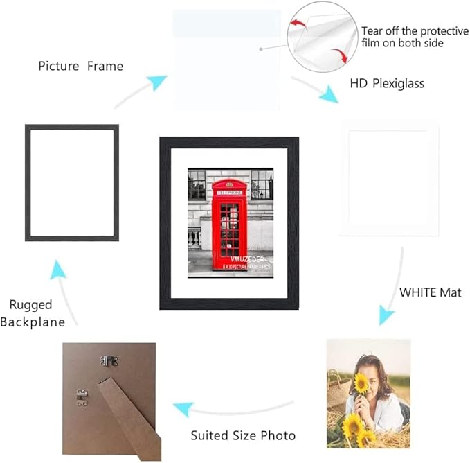 8x10 Picture Frame Black Set of 6,Display Pictures 5x7 with Mat or 8x10 Without Mat for Wall Mounting or Table Top Display, Photo Frames Collage for Wall