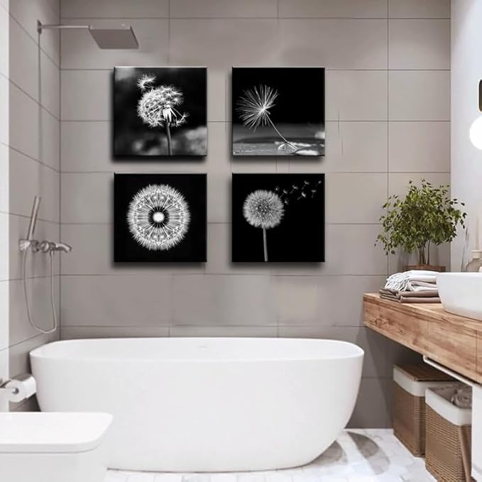 weiyiart Black and White Floral Wall Art, Dandelion Canvas Painting Prints Artwork, Rustic Minimalist Flower Botanical Pictures for Farmhouse Bathroom Bedroom Living Room Decor, 16x16x4pcs