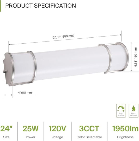 ASD LED 24" Vanity Flush Mount Light Fixture, Linear Bathroom Lighting Bar | 3CCT, Dimmable, Energy Star, ETL Listed | 25W 1950LM 3000-5000K 120V | Long Tube Bath Wall Sconce Over Mirror | Nickel