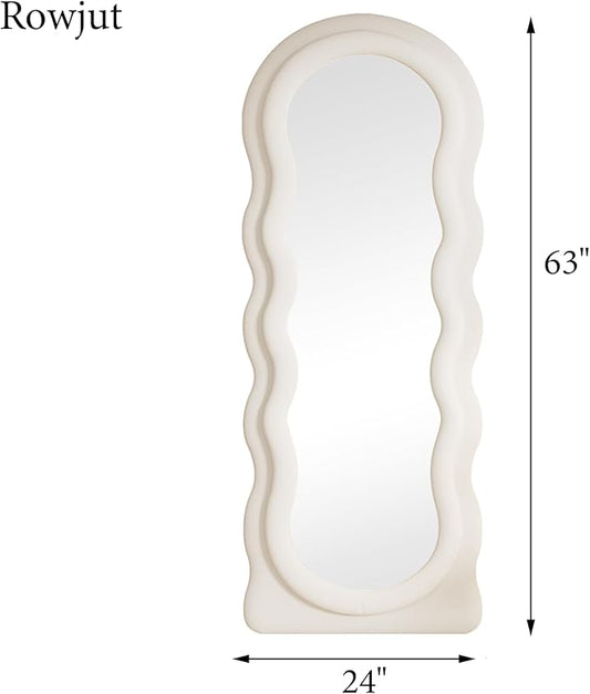 Rowjut Full Length Mirorr, 63"x24" Mirrors Full Length, Irregular Wavy/Wall Mounted & Standing Floor Mirror with Flannel, Body Mirorr Hanging or Leaning Against Wall for Bedroom (White)
