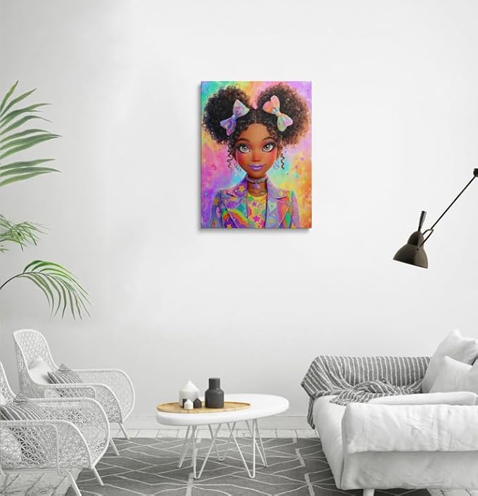 Black Girl Kawaii Art Canvas Wall Art Framed Digital Illustration Cute Curly Hair Pigtails Oversized Blazer Stars Rainbow Wall Decor Artwork Print Poster for Girls Bedroom 12x16 Inches