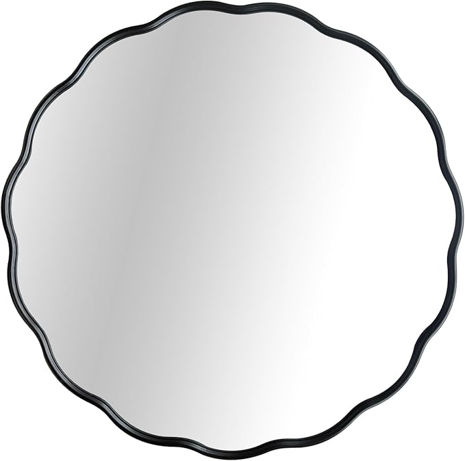 Black Round Wavy Mirror 30 Inch ,Circle Bathroom Vanity Mirror with Mental Frame Modern Decorative Wall Mirror for Living Room Hallway