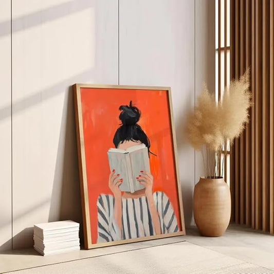 ZHBJSM Minimalist Reading Woman Wall Art Modern Serene Soft Neutral Tone Book Nook Gentle Light Home Living Room Bedroom Study Cozy Refined Interior Decor Statement Piece 16x24 Inch Unframed