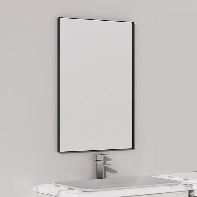 VocalStar Black Metal Framed Bathroom Mirror for Wall, 18 x 26 Inch Square Corner Rectangle Black Bathroom Vanity Mirror Modern Farmhouse, 1/4-inch Shatterproof Glass | Ultra-Flush Hanging
