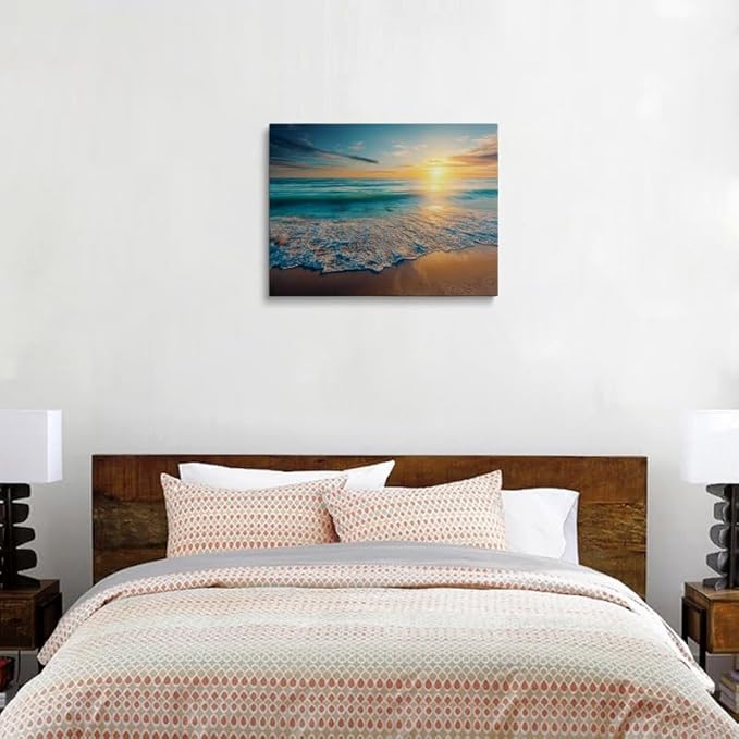 Coastal Sunset Canvas Wall Art Framed Print Serene Beach Scene with Golden Horizon Blue Waves Calming Ocean Wall Decor Artwork for Living Room Bathroom Decor 16x24 Inches
