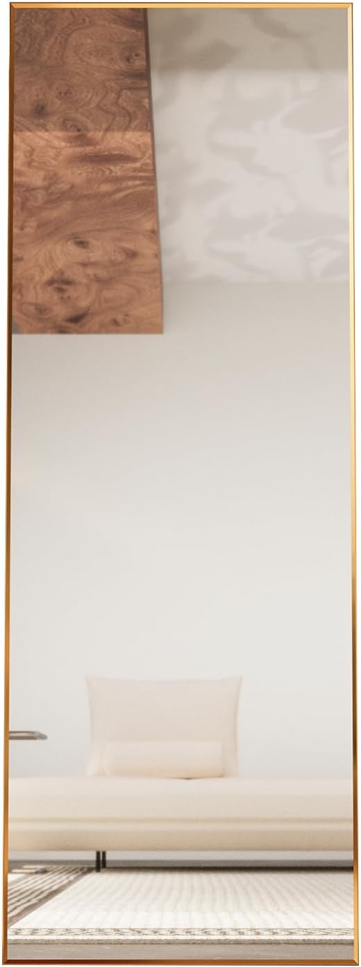 Beauty4U 65" x 24" Full Length Mirror with Stand, Gold Wall Mounting Full Body Mirror, Metal Frame Full-Length Tempered Mirror for Living Room, Bedroom