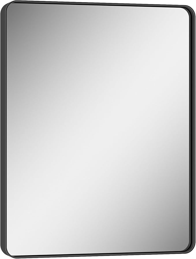 Keonjinn Black Bathroom Mirror for Over Sink, 28 x 36 Inch Rounded Rectangle Bathroom Vanity Mirror, Matte Black Sandblasted Finish, HD Tempered Glass, Wall Mirrors with Seamless Aluminum Alloy Frame