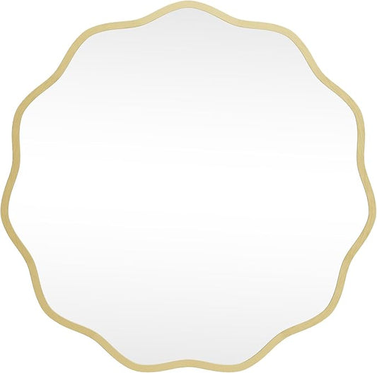 HOMECOOKIN 24" Wavy Round Wall Mirror, Gold Scalloped Circle Mirror Edge Round with Metal Frame, Modern Decorative Hanging/Leaning Mirrors for Bathroom, Hotels, Hallway, Entryway, Vanity, Office
