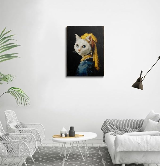 Whimsical Cat Portrait Canvas Wall Art Framed Oil Painting Inspired by Classic Masterpiece with Pearl Earring Yellow Scarf Blue Eyes Modern Humorous Wall Decor Artwork for Bathroom Office 12x16 Inches