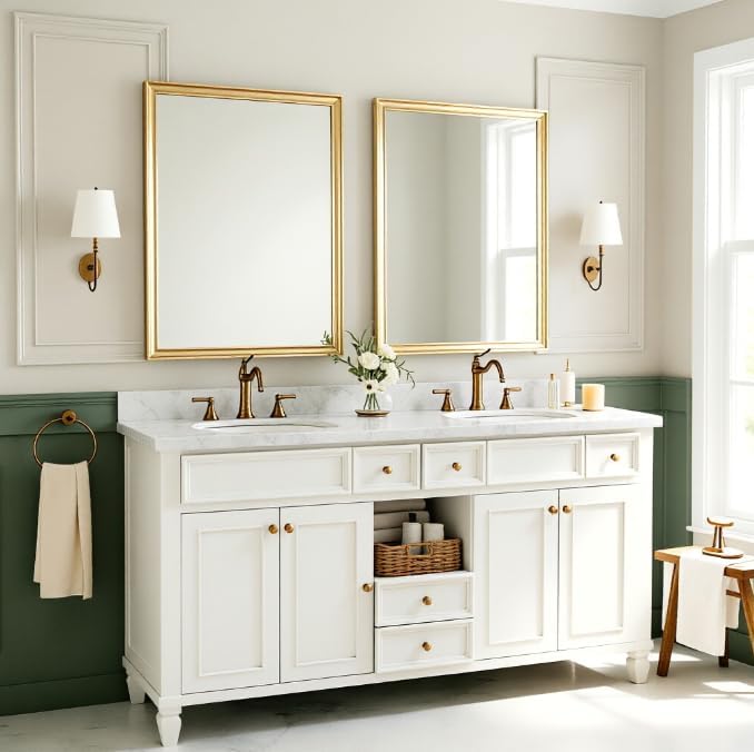 USHOWER Brushed Gold Bathroom Mirrors for Over Sink 30x40 Inch, Metal Framed Rectangle Vanity Mirror for Wall, Bedroom, Living Room, Entryway, Anti-Rust, HD Tempered Glass, Horizontal/Vertical