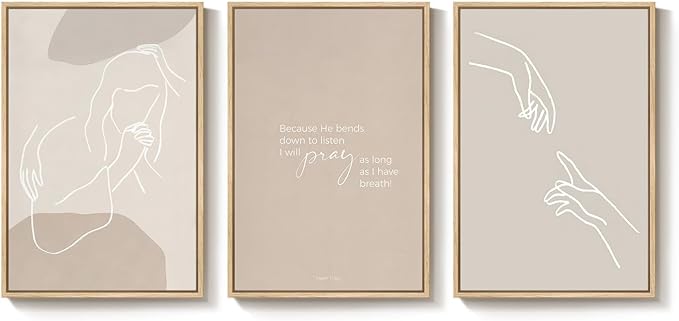 Framed Christian Wall Art Set of 3, Minimalist Neutral Beige Scripture Prints, Psalm 116:2 Modern Line Artwork for Living Room Bedroom Office Prayer Room, 16x24 Inch